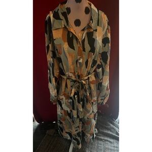 Nine West Abstract Patterned Full Button Belted Maxi Dress